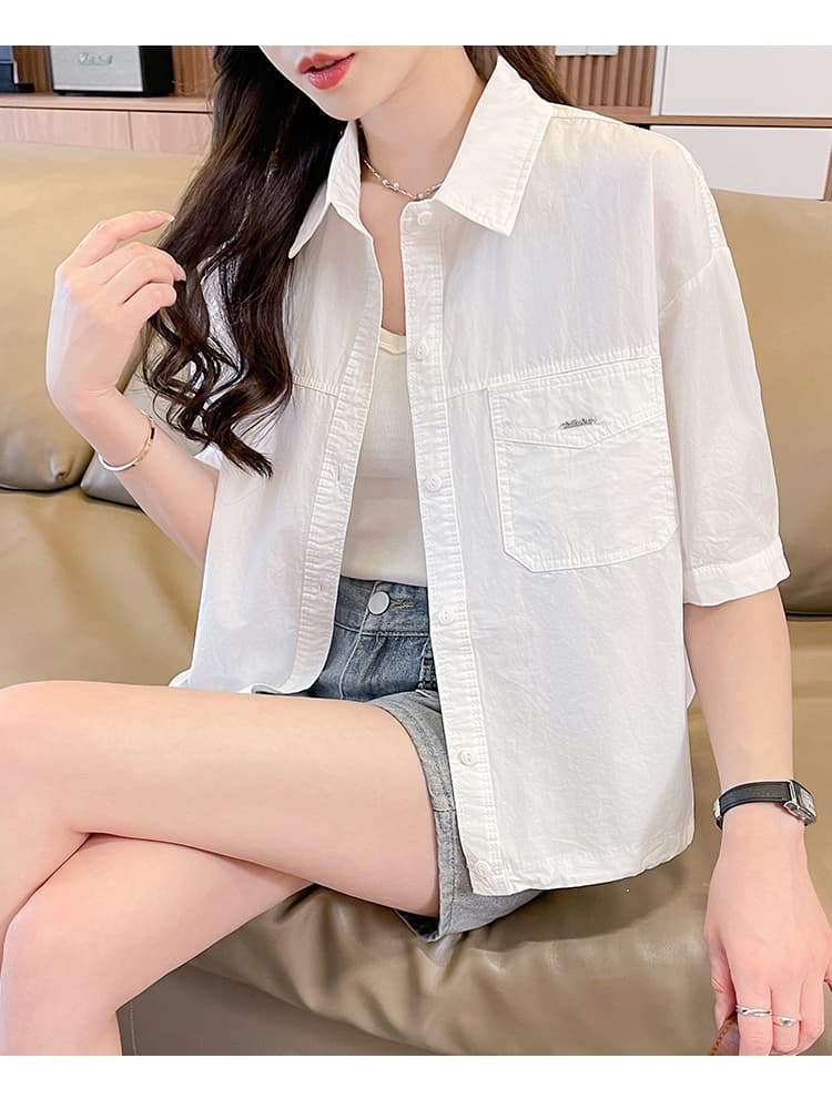 면 100% 반팔 셔츠 여성 코트 여름 새로운 한국 스타일 루즈핏 다용도 폴로 칼라 반팔 캐주얼 셔츠 맨위 상세 이미지 30