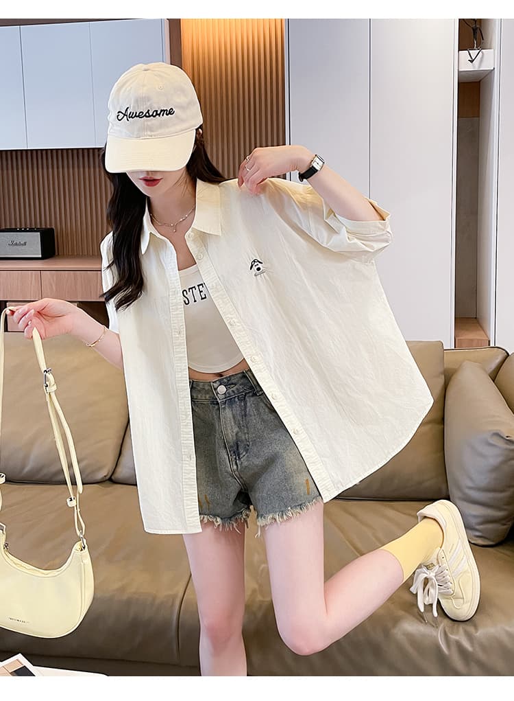 연령 감소 소녀 단색 반팔 면 100% 셔츠 여성 여름 한 부서 루즈핏 만화 강아지 자수 다용도 외국 가스 맨위 상세 이미지 17
