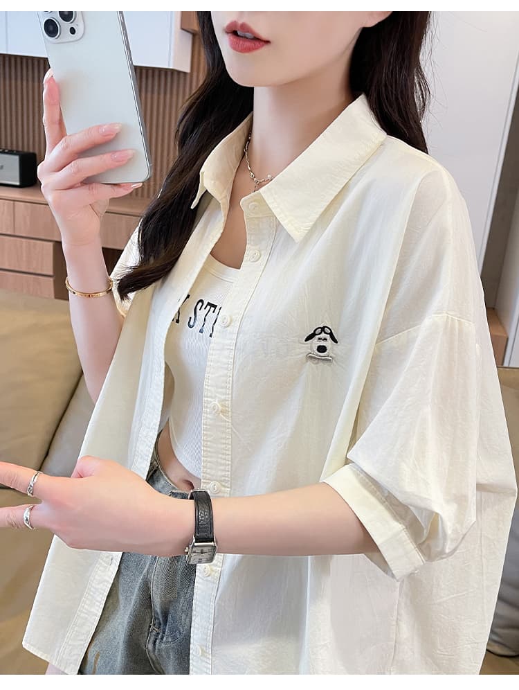 연령 감소 소녀 단색 반팔 면 100% 셔츠 여성 여름 한 부서 루즈핏 만화 강아지 자수 다용도 외국 가스 맨위 상세 이미지 22
