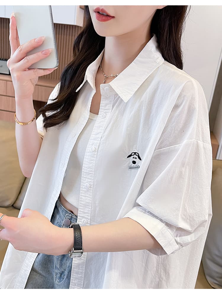 연령 감소 소녀 단색 반팔 면 100% 셔츠 여성 여름 한 부서 루즈핏 만화 강아지 자수 다용도 외국 가스 맨위 상세 이미지 29