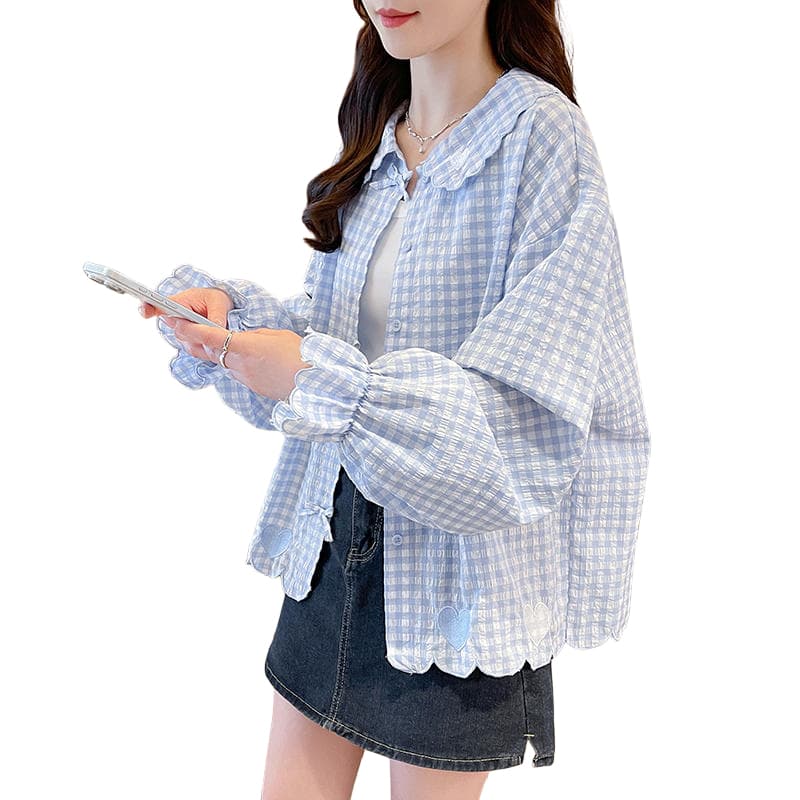 새로운 여름 하트 체크무늬 여성 셔츠 대 어린이 여름 외국 가스 긴팔 자외선 차단 셔츠 어린이 맨위 얇은 코트 이미지 6