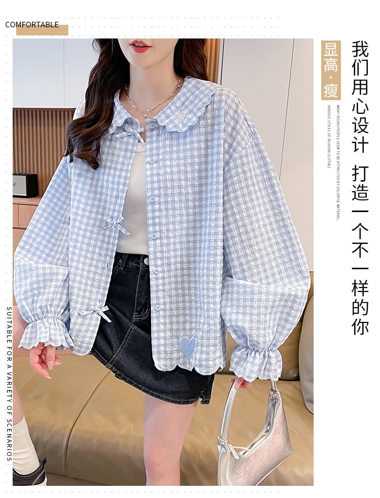 새로운 여름 하트 체크무늬 여성 셔츠 대 어린이 여름 외국 가스 긴팔 자외선 차단 셔츠 어린이 맨위 얇은 코트 상세 이미지 3