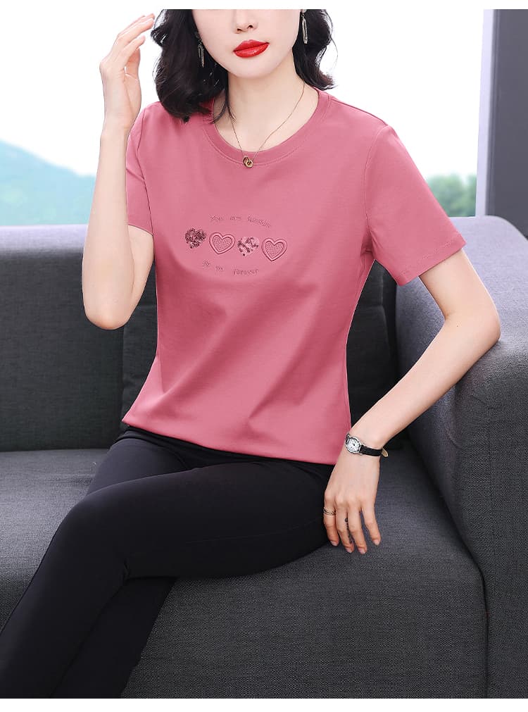 2026 새로운 순면 긍정적 인 어깨 반팔 티셔츠 여성 여름 라운드 넥 자수 작은 키 아름다운 캐주얼 작은 맨위 상세 이미지 18
