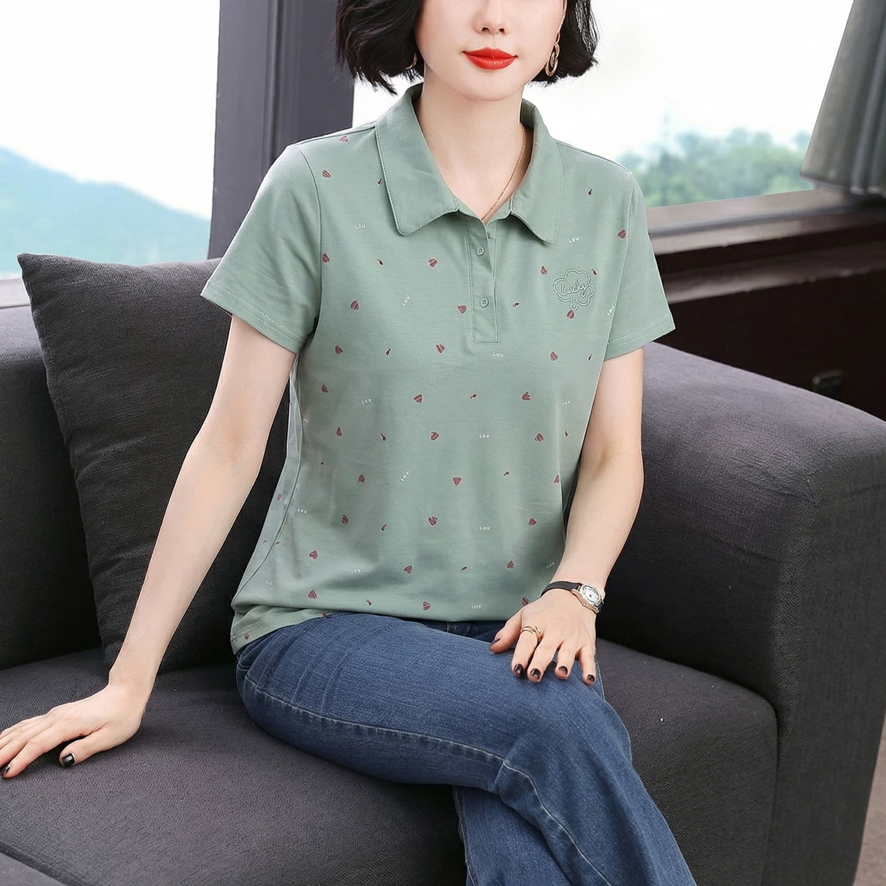 2026 년 새로운 엄마 다용도 캐주얼 하트 자수 맨위 핑크색 폴로 칼라 반팔 티셔츠 여성 여름 여성 의류 이미지 3