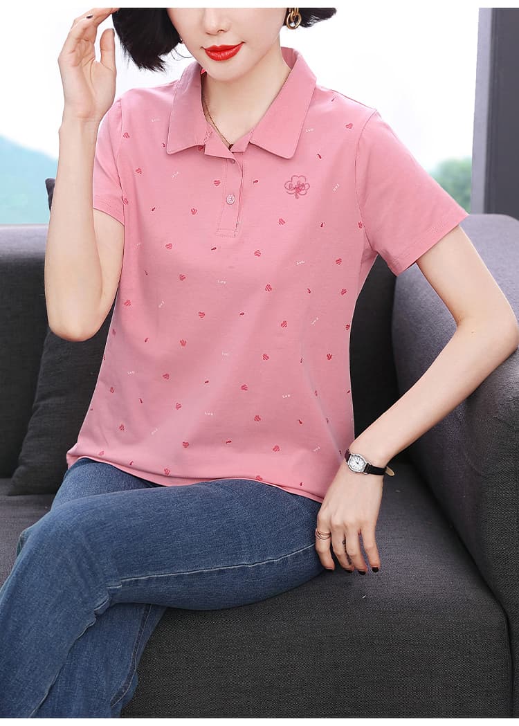 2026 년 새로운 엄마 다용도 캐주얼 하트 자수 맨위 핑크색 폴로 칼라 반팔 티셔츠 여성 여름 여성 의류 상세 이미지 12