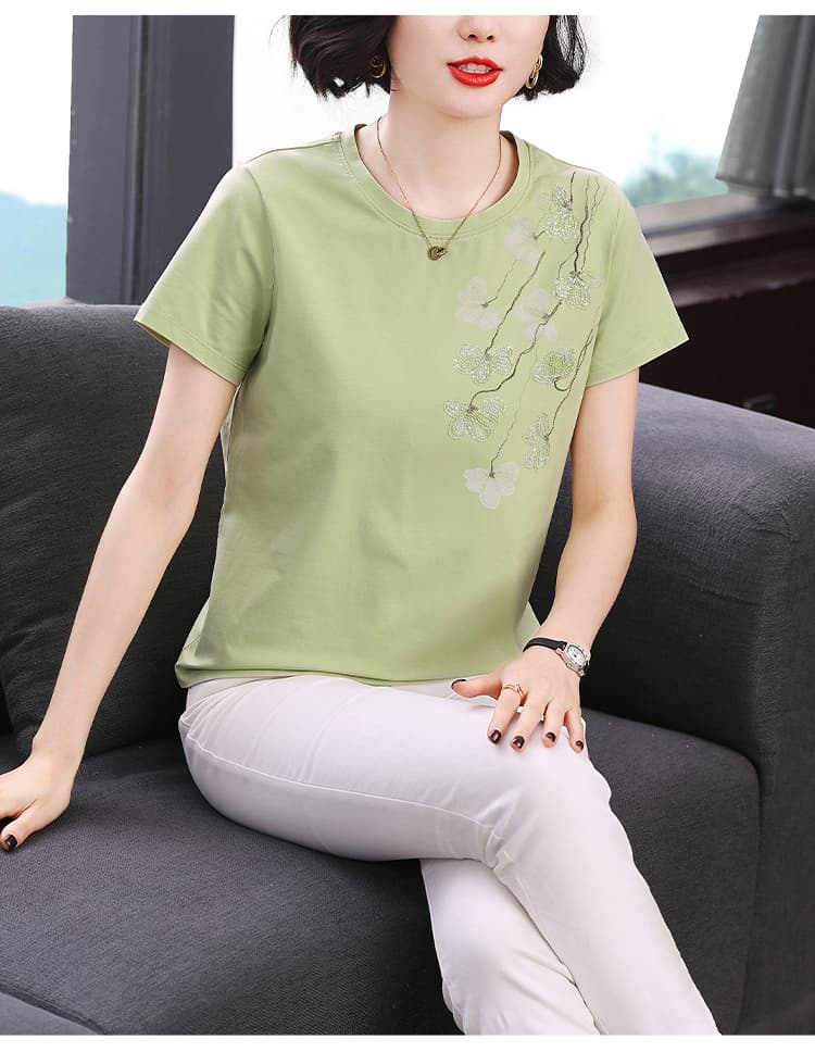 순면 가시 자수 티셔츠 여성 여름 드레스 반팔 절묘한 품격 중년 엄마 맨위 새로운 중식 공예 티셔츠 상세 이미지 11