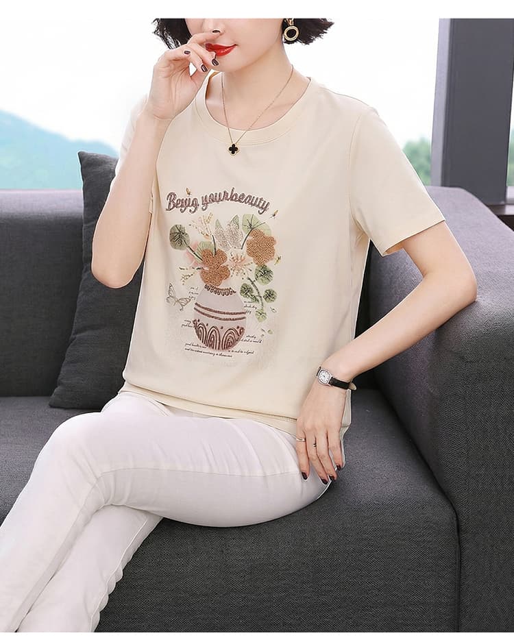 2026 년 새로운 순면 반팔 티셔츠 여성 여름 드레스 세련된 꽃무늬 자수 맨위 중년 엄마 연령 감소 동정 상세 이미지 16