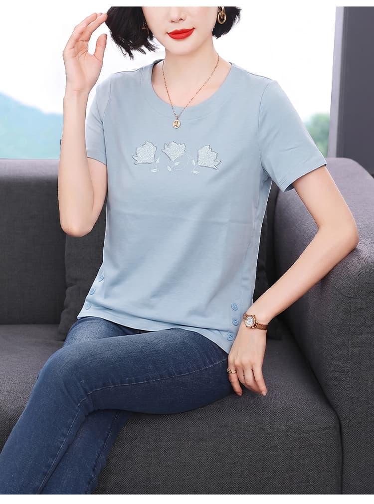 2026 새로운 여름 라운드 넥 자수 작은 키 아름다운 캐주얼 작은 맨위 순면 긍정적 인 어깨 반팔 티셔츠 여성 상세 이미지 18