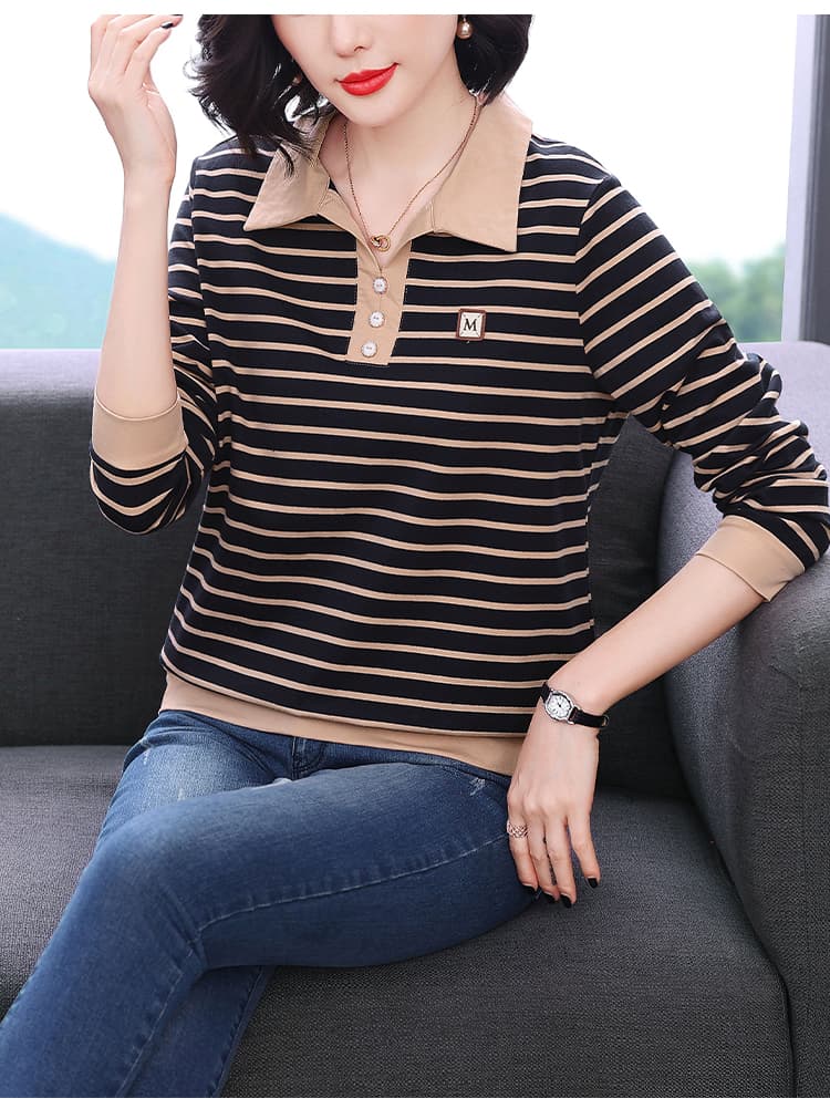 순면 패치워크 색상 스트라이프 긴팔 티셔츠 여성 가을 의상 새로운 폴로 칼라 연령 감소 맨위 중년 어머니 드레스 외국 가스 맨위 상세 이미지 18