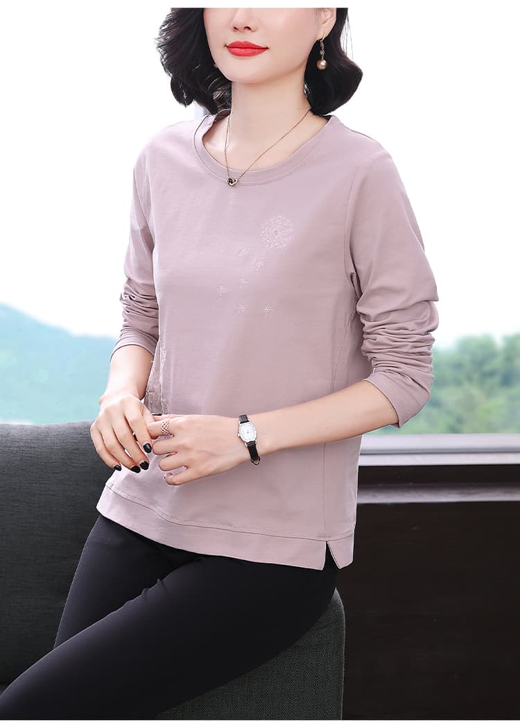 버터 과일 녹색 긴팔 티셔츠 여성 민들레 패턴 자수 2026 봄 가을 새로운 엄마 엄마 순면 맨위 상세 이미지 12