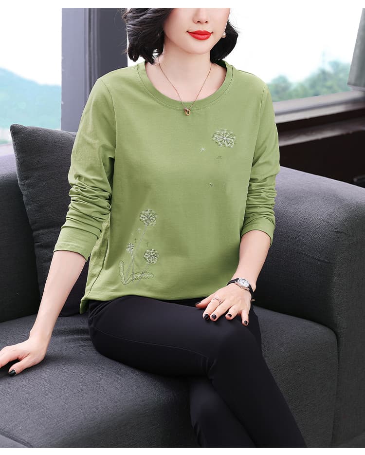 버터 과일 녹색 긴팔 티셔츠 여성 민들레 패턴 자수 2026 봄 가을 새로운 엄마 엄마 순면 맨위 상세 이미지 17