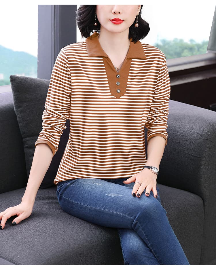 새로운 납 패치워크 색상 외국 가스 맨위 스트라이프 긴팔 티셔츠 여성 봄 가을 중년 엄마 루즈핏 연령 감소 기본 셔츠 상세 이미지 17
