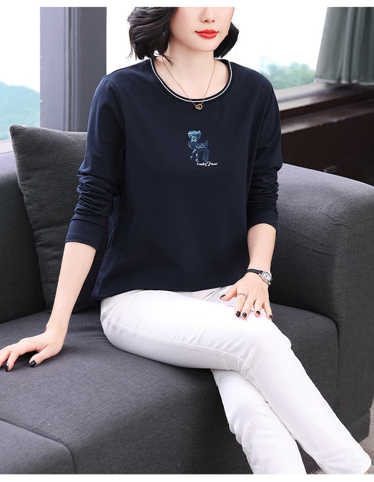 순면 긴팔 티셔츠 여성 가을 의상 2025 년 새로운 패션 빅 사이즈 여성 의류 루즈핏 맨위 긴팔 동정 상세 이미지 11