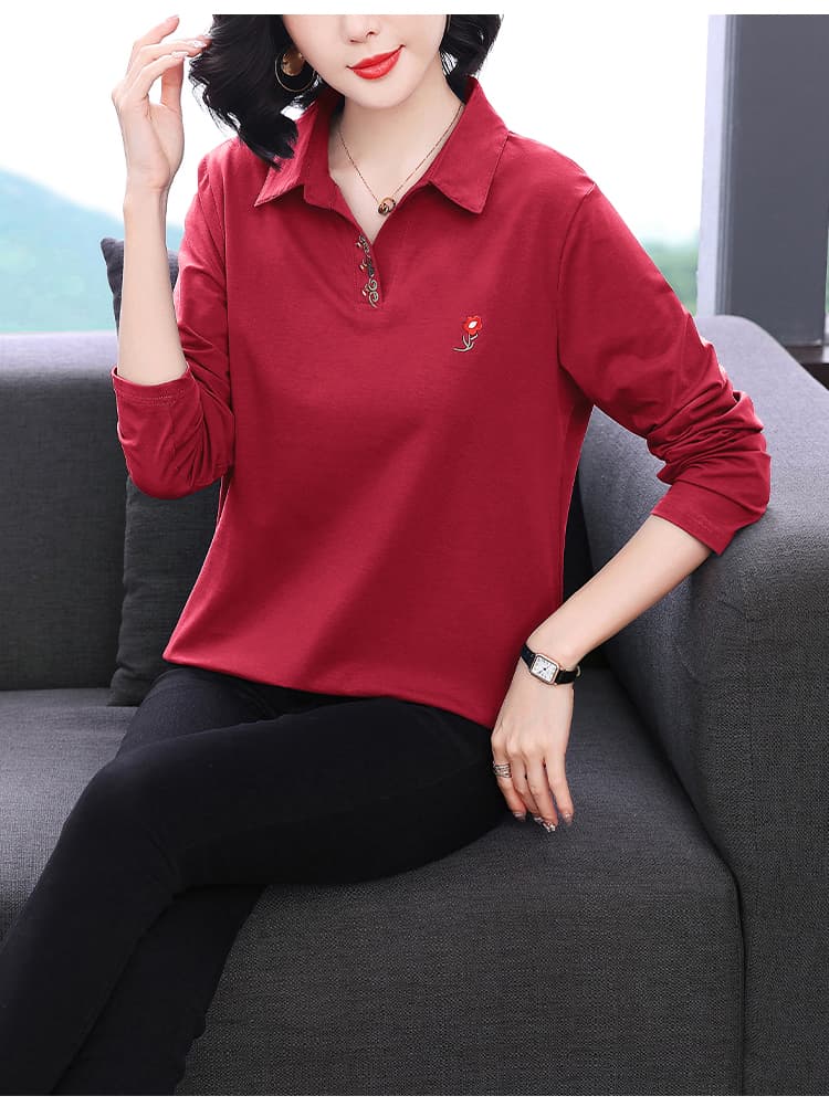 2026 새로운 폴로 칼라 긴팔 티셔츠 빅 사이즈 중노년 가을 의상 순면 여성 맨위 엄마 봄 가을 기본 셔츠 상세 이미지 18