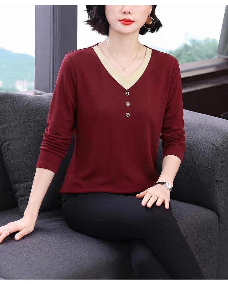 2026 봄과 가을 새로운 V넥 긴팔 티셔츠 여성 기본 셔츠 이른 가을 폭발 여성 의류 순면 페이크 레이어드 맨위 상세 이미지 17