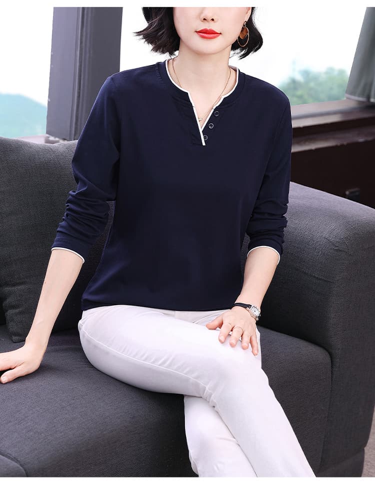 2026 새로운 패치워크 색상 V넥 긴팔 티셔츠 여성 봄 가을 폭발 고급 여성 의류 얇은 맨위 외국 가스 인사이드 가져 가라. 기본 셔츠 상세 이미지 11