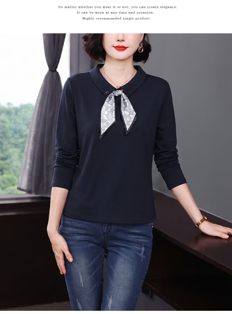 2026 가을 새로운 패션 스카프 폴로 칼라 순면 엄마 섹션 티셔츠 여성 다용도 연령 감소 슬림해 보이는 품격 맨위 상세 이미지 15