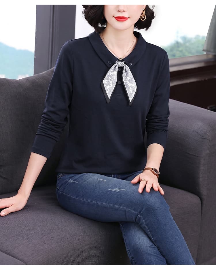 2026 가을 새로운 패션 스카프 폴로 칼라 순면 엄마 섹션 티셔츠 여성 다용도 연령 감소 슬림해 보이는 품격 맨위 상세 이미지 17