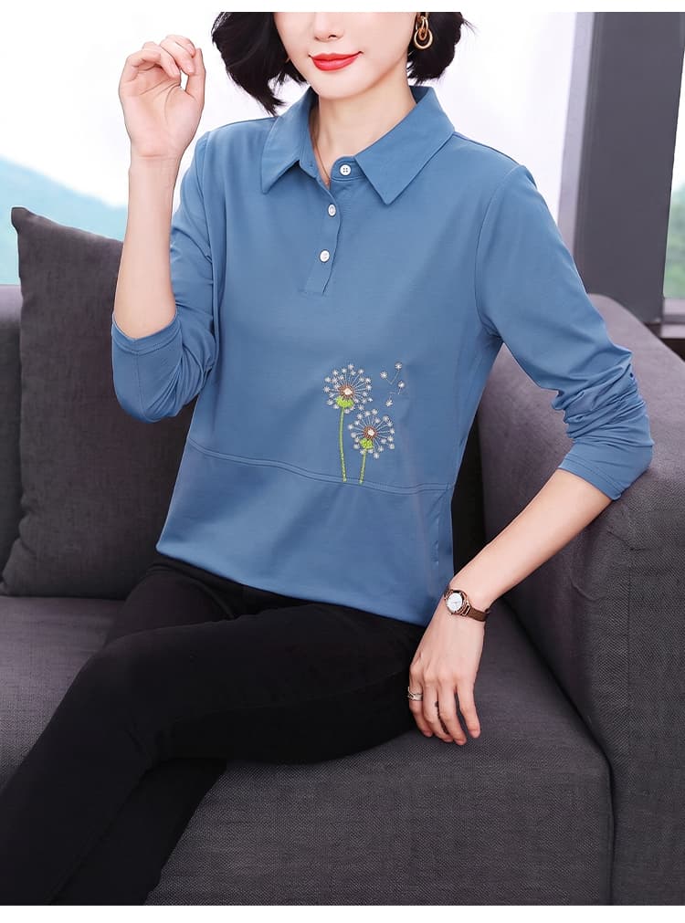 2026 가을 새로운 순면 티셔츠 여성 외국 가스 가을 의상 긴팔 자수 작은 셔츠 중년 엄마 맨위 기본 셔츠 상세 이미지 18
