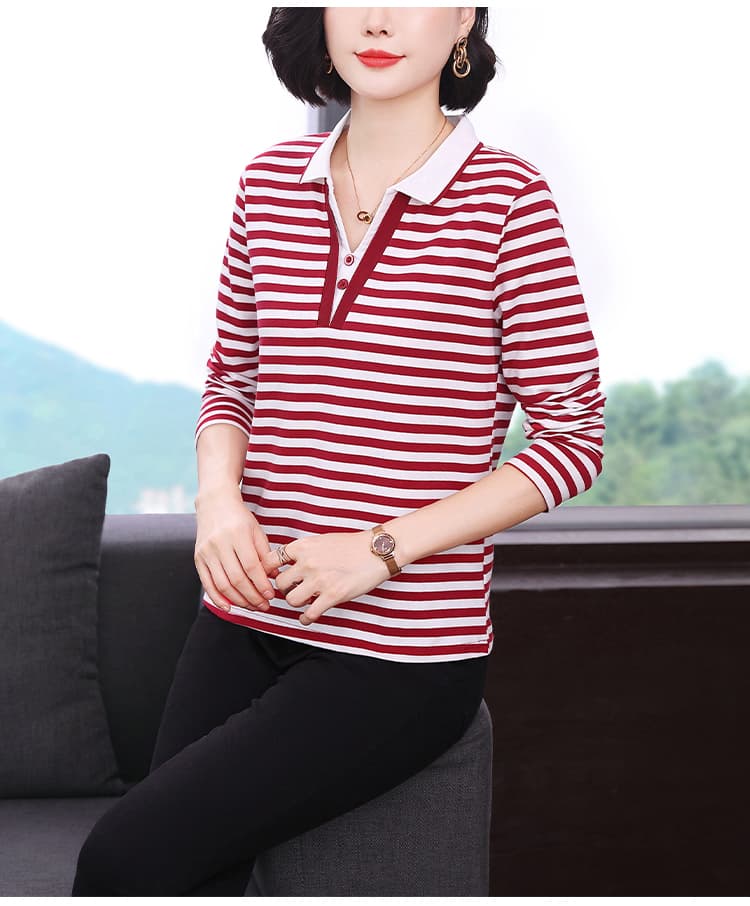 2026 가을 새로운 스트라이프 POLO 칼라 후드티 여성 중년 엄마 루즈핏 표지 고기 다용도 티셔츠 면 기본 셔츠 상세 이미지 10