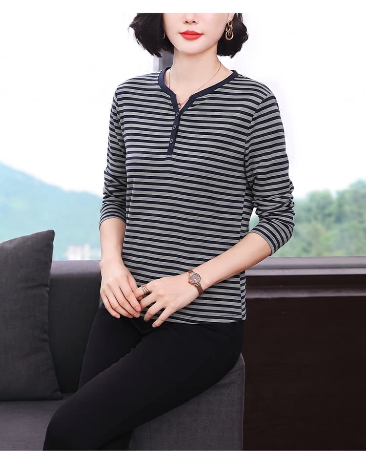 2026 가을 새로운 폭발 맨위 긍정적 인 어깨 기본 셔츠 스트라이프 캐주얼 운동 품격 엄마 긴팔 티셔츠 여성 상세 이미지 16