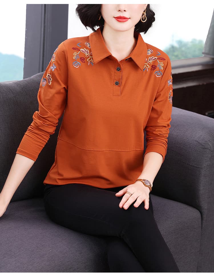 2026 가을 새로운 티셔츠 여성 긴 소매 루즈핏 POLO 셔츠 순면 자수 탑 옷깃 민족 스타일 기본 셔츠 상세 이미지 11