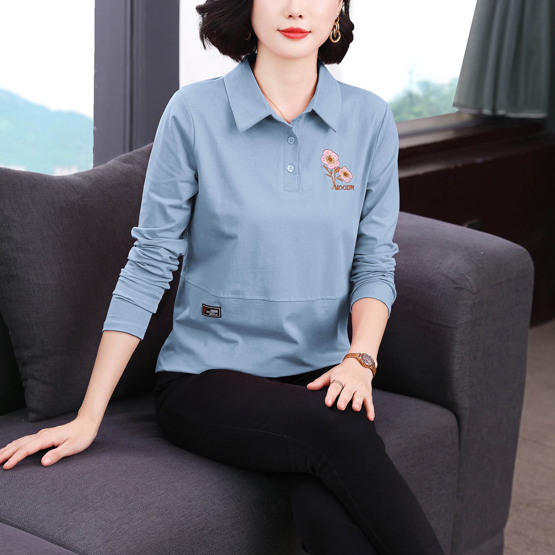 2026 년 새로운 봄 가을 이름 가족 바람 폴로 칼라 여성 POLO 셔츠 티셔츠 여성 긴 소매 순면 있음 칼라 루즈핏 맨위 이미지 3