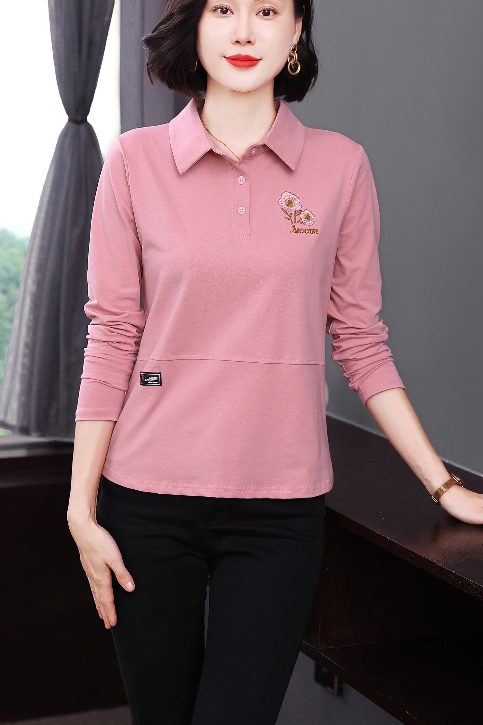 2026 년 새로운 봄 가을 이름 가족 바람 폴로 칼라 여성 POLO 셔츠 티셔츠 여성 긴 소매 순면 있음 칼라 루즈핏 맨위 이미지 7