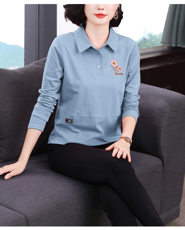 2026 년 새로운 봄 가을 이름 가족 바람 폴로 칼라 여성 POLO 셔츠 티셔츠 여성 긴 소매 순면 있음 칼라 루즈핏 맨위 상세 이미지 17