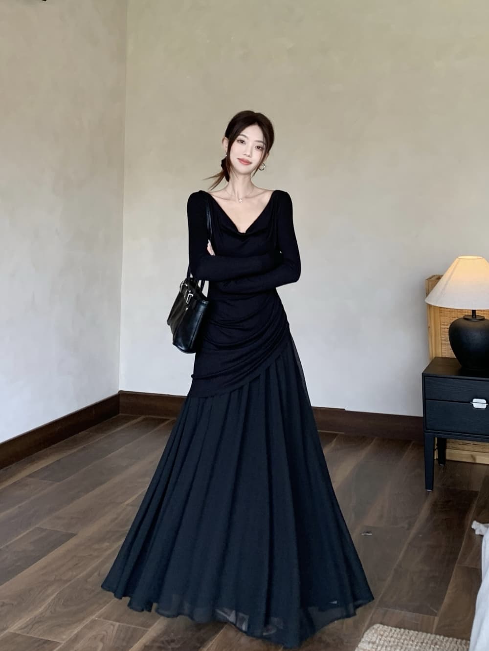 패치워크 품격 여성 드레스 2026 가을 겨울 새로운 프랑스식 고급 센스 슬림해 보이는 디자인 센스 허리 수축 롱 코트 치마 이미지 3
