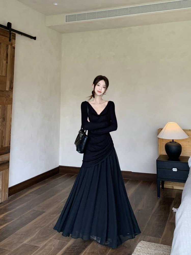 패치워크 품격 여성 드레스 2026 가을 겨울 새로운 프랑스식 고급 센스 슬림해 보이는 디자인 센스 허리 수축 롱 코트 치마 상세 이미지 12