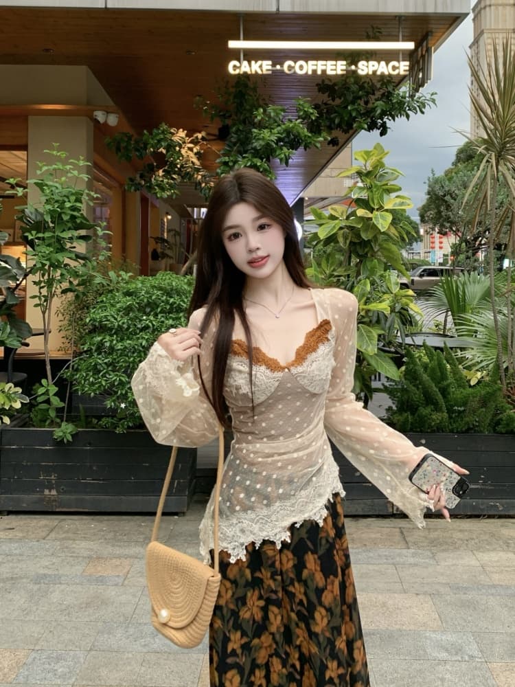 2026 봄 여름 새로운 디자인 센스 레이스 페이크 레이어드 긴팔 맨위 꽃무늬 반신 치마 세트 니트 재킷 상세 이미지 18