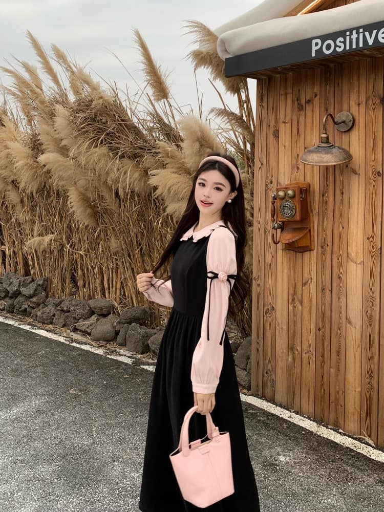 검정색 베이비 칼라 긴팔 여성 드레스 2026 봄 가을 새로운 학원 스타일 페이크 레이어드 배색 중간 길이 치마 상세 이미지 17