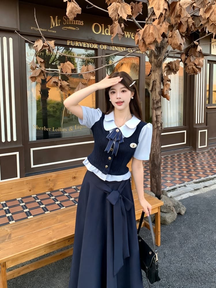 학원 스타일 연령 감소 페이크 레이어드 패치워크 맨위 여성 2026 봄 여름 새로운 하이웨이스트 반신 스커트 롱 코트 투피스 슈트 상세 이미지 10