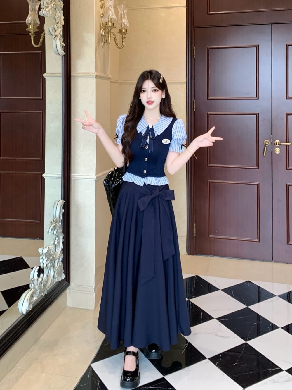 학원 스타일 연령 감소 페이크 레이어드 패치워크 맨위 여성 2026 봄 여름 새로운 하이웨이스트 반신 스커트 롱 코트 투피스 슈트 이미지 3