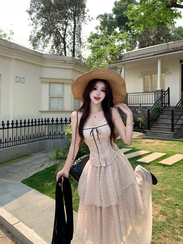 2026 봄 여름 새로운 프랑스식 레이스 조각 맨위 슬립 도트 무늬 케이크 롱 스커트 자외선 차단 오픈 가디건 3종 세트 상세 이미지 7