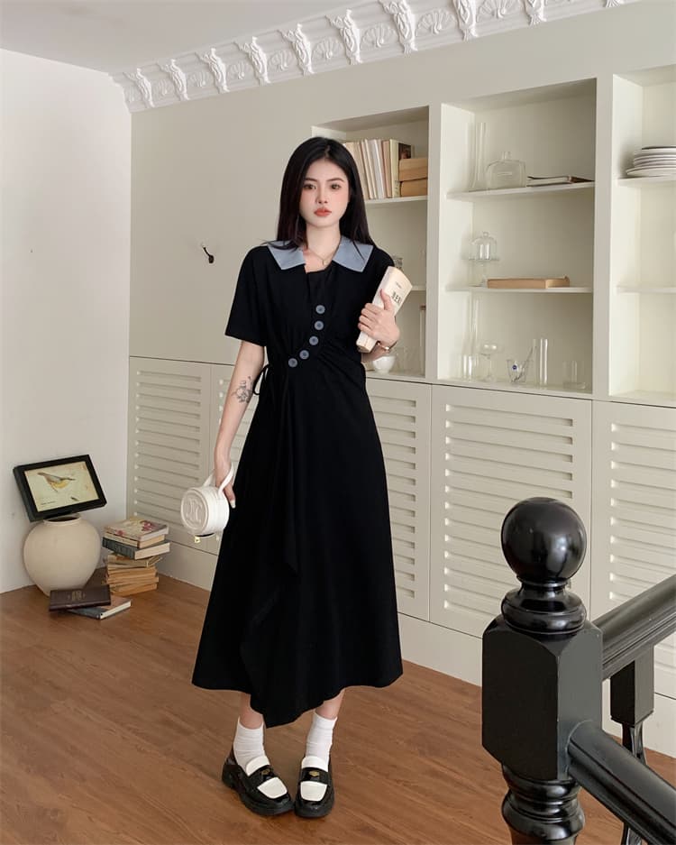 여름 새로운 POLO 칼라 반팔 여성 드레스 디자인 센스 펌프 Pleat 하이웨이스트 슬림해 보이는 불규칙 중간 길이 치마 상세 이미지 7