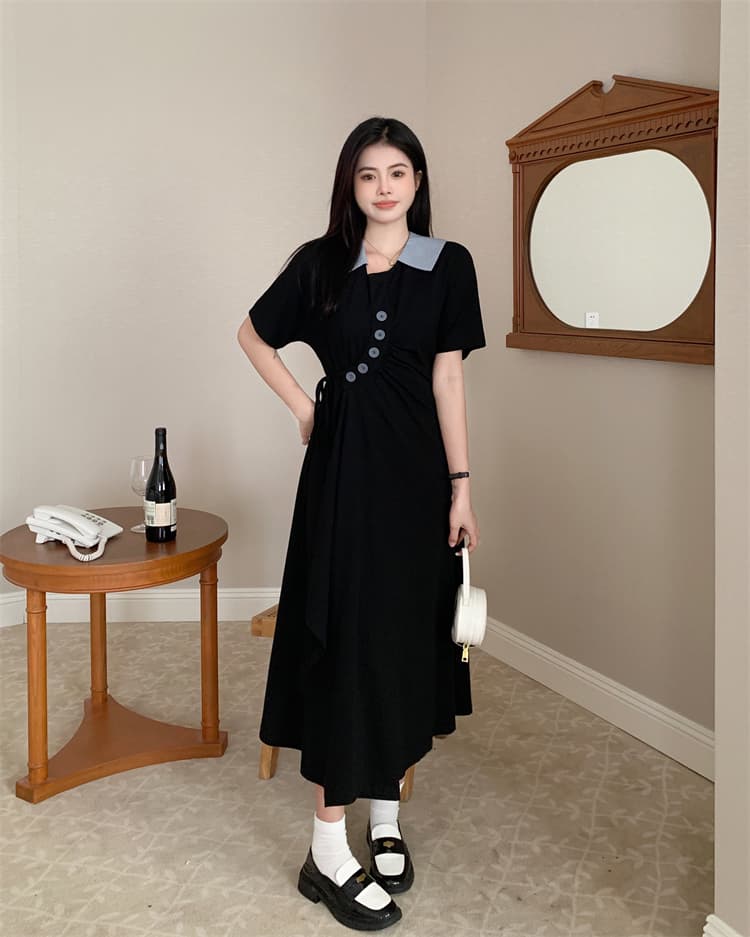 여름 새로운 POLO 칼라 반팔 여성 드레스 디자인 센스 펌프 Pleat 하이웨이스트 슬림해 보이는 불규칙 중간 길이 치마 상세 이미지 10