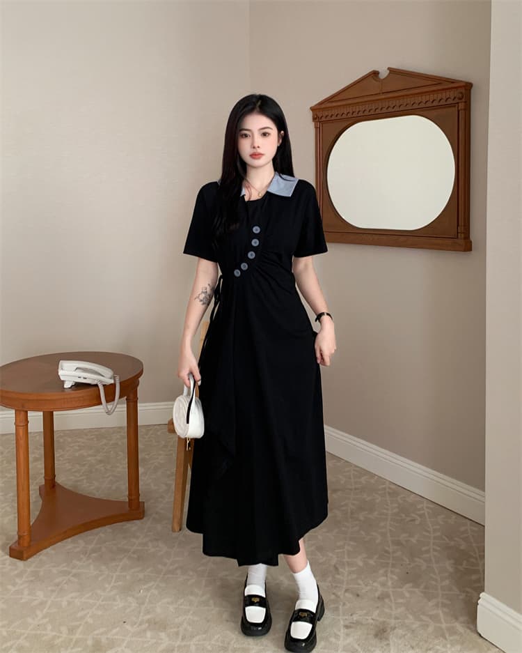 여름 새로운 POLO 칼라 반팔 여성 드레스 디자인 센스 펌프 Pleat 하이웨이스트 슬림해 보이는 불규칙 중간 길이 치마 상세 이미지 11