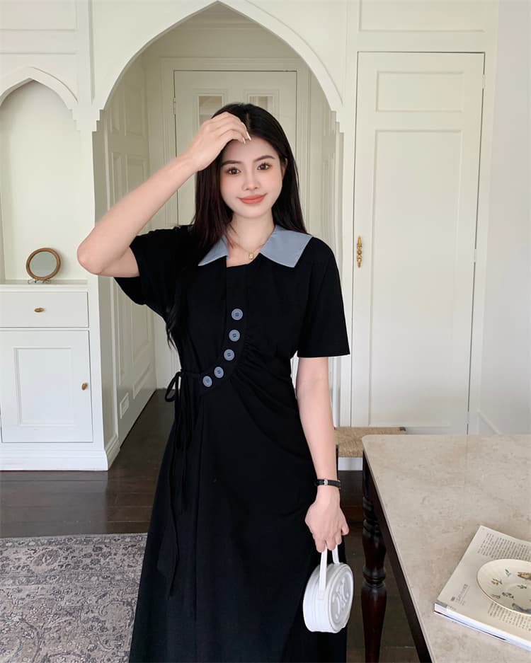 여름 새로운 POLO 칼라 반팔 여성 드레스 디자인 센스 펌프 Pleat 하이웨이스트 슬림해 보이는 불규칙 중간 길이 치마 상세 이미지 13