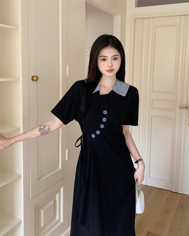 여름 새로운 POLO 칼라 반팔 여성 드레스 디자인 센스 펌프 Pleat 하이웨이스트 슬림해 보이는 불규칙 중간 길이 치마 상세 이미지 16