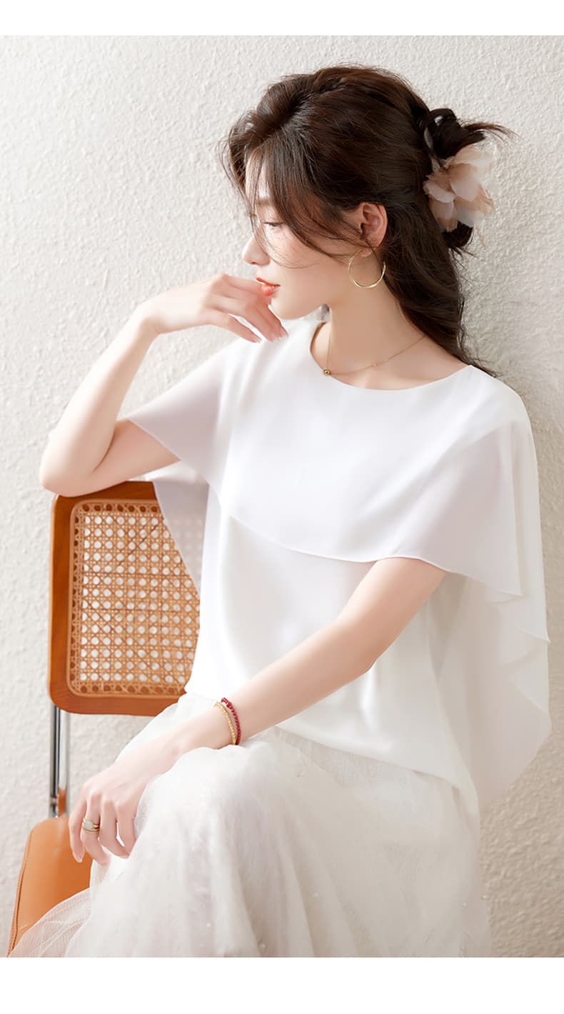 실사 하늘색 페이크 레이어드 숄 반팔 시폰 셔츠 여성 2026 새로운 여름 긍정적 인 어깨 작은 셔츠 맨위 상세 이미지 27