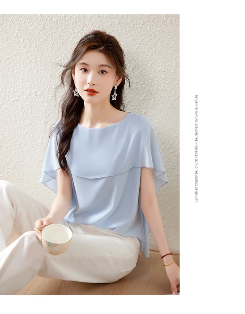 실사 하늘색 페이크 레이어드 숄 반팔 시폰 셔츠 여성 2026 새로운 여름 긍정적 인 어깨 작은 셔츠 맨위 상세 이미지 34
