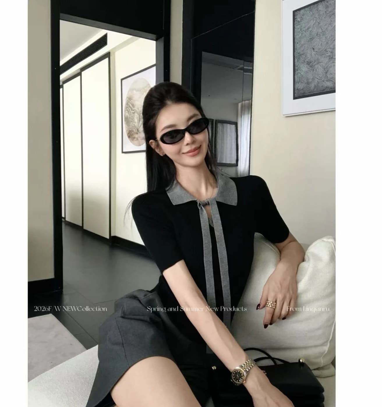 린 천 입력 지능 자매 새로운 품격 슬림해 보이는 고급 센스 회색 색상 시스템 캐주얼 패션 세트 상세 이미지 2