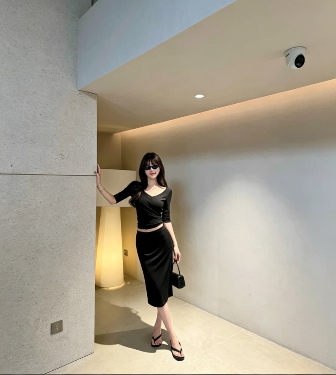목질 식탁 분위기 u 칼라 맨위 스트레이트 반 스커트 세트 83648 83650 이미지 5