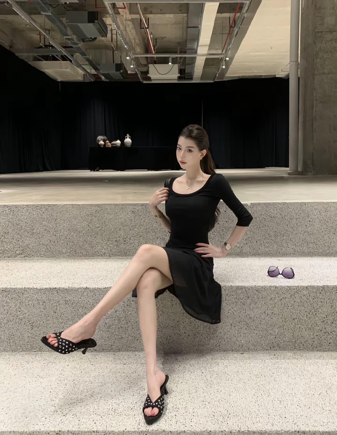 한 부서 캐주얼 착용 가져 가라. 세트 여성 여름 로얄 자매 품격 자이언트 잘 생긴 검정색 중간 소매 맨위 망사 반신 치마 상세 이미지 4