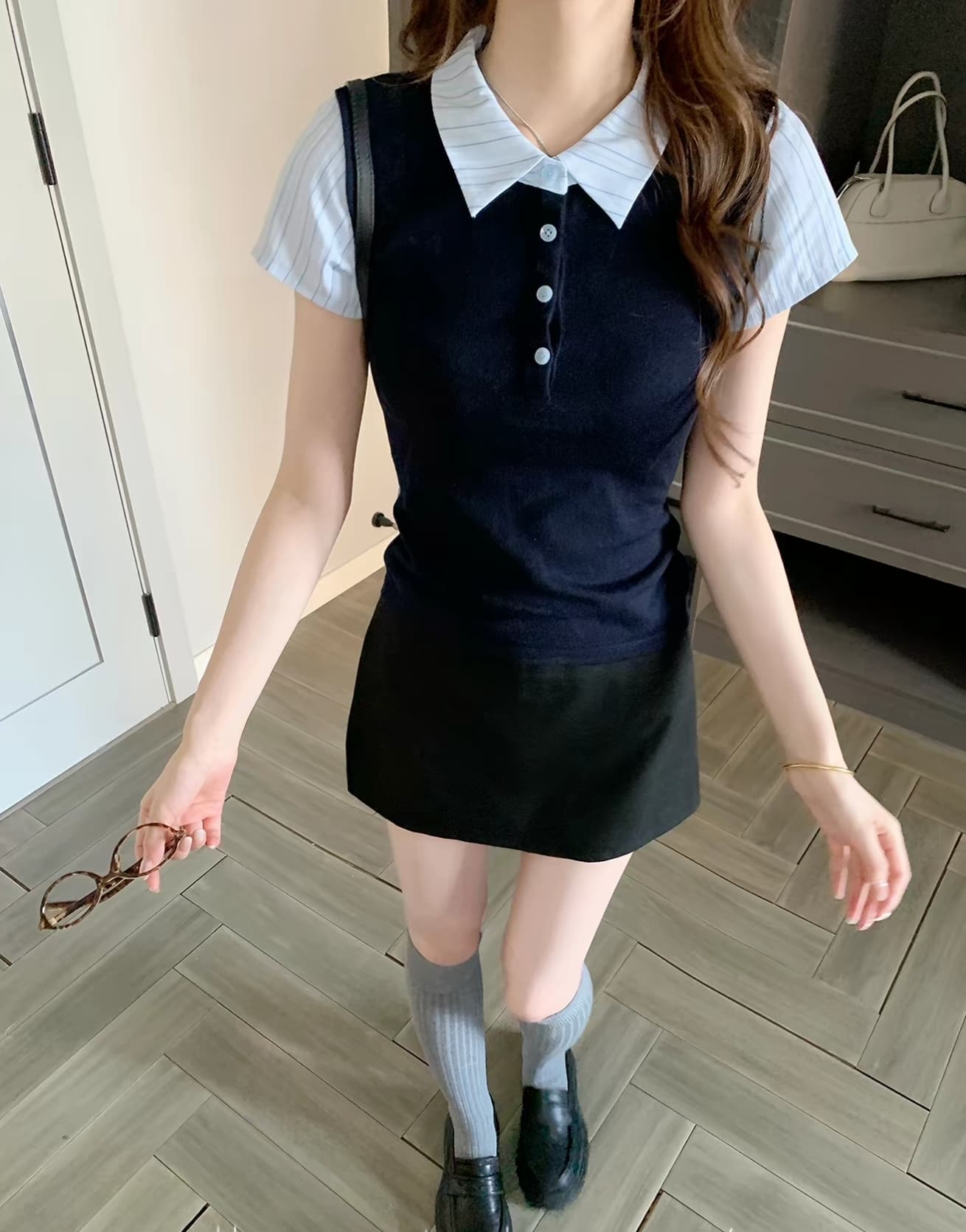 callmeear 페이크 레이어드 모직물 셔츠 패치워크 디자인 페이크 레이어드 반팔 맨위 여성 이른 가을 이미지 2