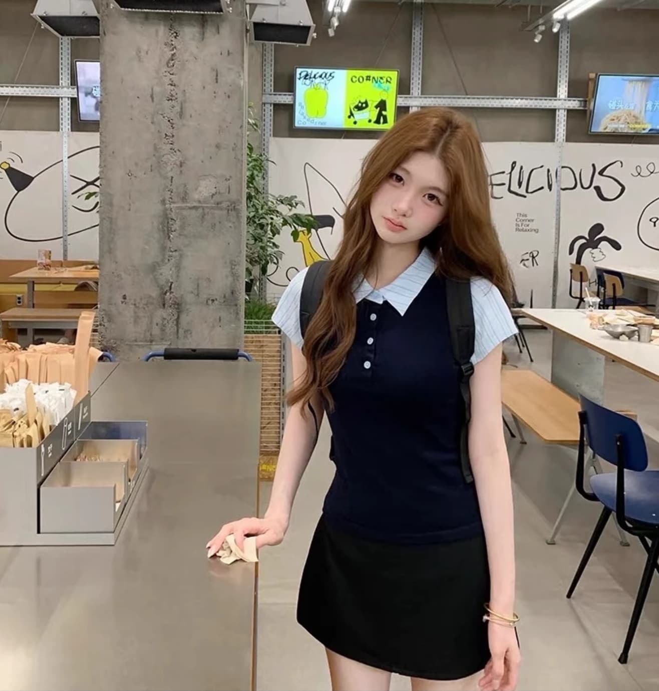 callmeear 페이크 레이어드 모직물 셔츠 패치워크 디자인 페이크 레이어드 반팔 맨위 여성 이른 가을 이미지 4