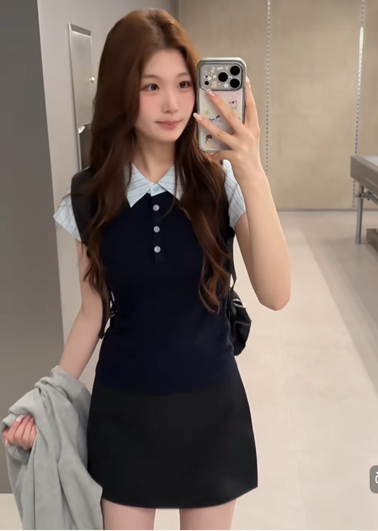 callmeear 페이크 레이어드 모직물 셔츠 패치워크 디자인 페이크 레이어드 반팔 맨위 여성 이른 가을 상세 이미지 1