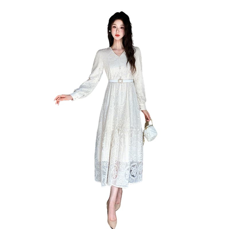 열세 개 품질 프랑스식 고급 센스 길다 치마 슬림해 보이는 긴팔 레이스 드레스 벨트 보내기 이미지 6